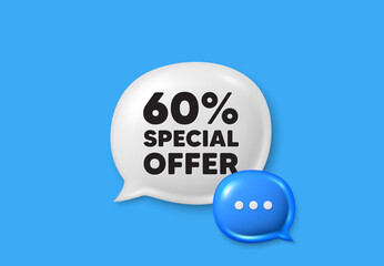 60 percent discount offer tag. Text box speech bubble 3d icons. Sale price promo sign. Special offer symbol. Discount chat offer. Speech bubble banner. Text box balloon. Vector