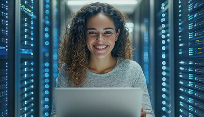 System administrator is smiling while working with a laptop in a server farm