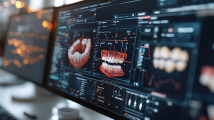 Computer screens displaying dental scans and analytics in a modern dental office, illustrating advanced dental technology and diagnostics.