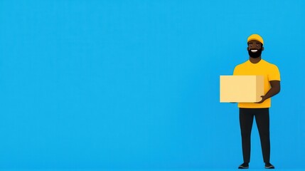 Smiling Delivery Man Holding Box in Front of Blue Background