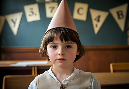 a young child wearing a dunce cap in a vintage classroom