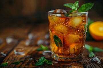 Refreshing Iced Tea with Mint and Citrus on Rustic Wooden Table - Perfect for Summer Beverage Design