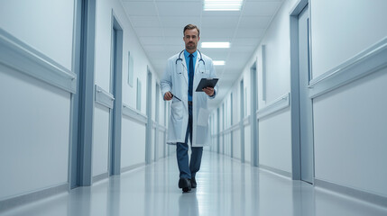 Fototapeta premium A doctor walking through a hospital corridor, wearing a lab coat and carrying a clipboard on tablet, ready for their next appointment