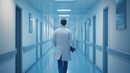 Fototapeta premium A doctor walking through a hospital corridor, wearing a lab coat and carrying a clipboard on tablet, ready for their next appointment