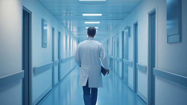 A doctor walking through a hospital corridor, wearing a lab coat and carrying a clipboard on tablet, ready for their next appointment