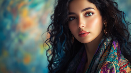 Fototapeta premium Portrait of a young woman with expressive eyes and curly black hair against a blurred colorful background, wearing a colorful scarf
