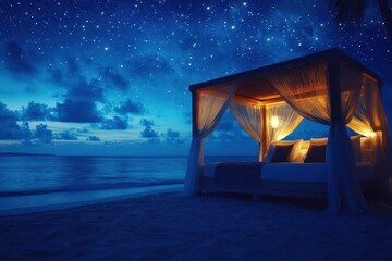 Starlit Beach Cabana at Night with Ocean View and Cozy Ambiance