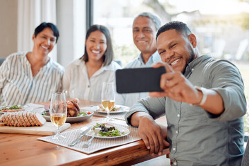 Lunch, home and family with food, selfie or love with celebration, thanksgiving or social gathering. Group picture, event or people with smile, healthy meal and photograph with party and happy memory