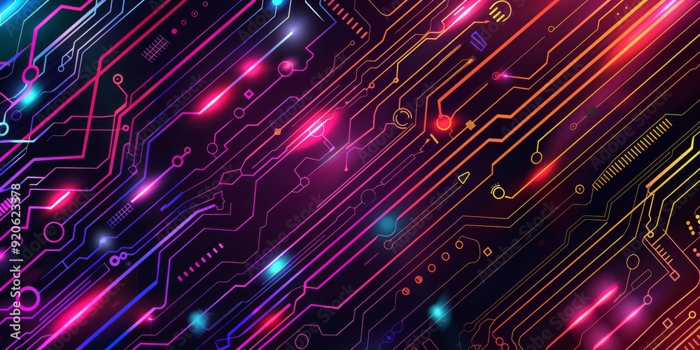 Poster a captivating abstract background with colorful circuit patterns and glowing elements that attract t
