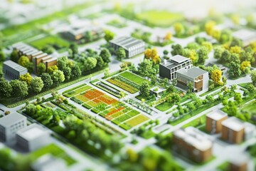 Conceptual drawing of a green urban neighborhood, with shared gardens and rainwater harvesting, High-resolution, detailed textures, crisp focus