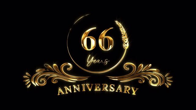 66th Anniversary Celebration. Happy 66 Years Anniversary Animation in Gold Color on the Transparent Background, Alpha Channel. Great for greetings, celebrations, events, and gifts.