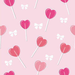 pink tones of heart shaped lollipops and  striped pink white  bows seamless pattern 