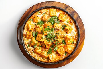 Plate of tasty Shahi Paneer with on white background.