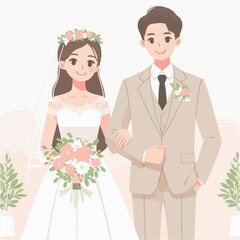 bride and groom in wedding flat illustration