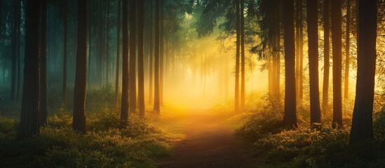 Obraz premium Sunlit Path Through a Misty Forest