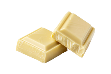 White chocolate bar isolated on background, sweet milk choc squares, Dessert confectionery menu.