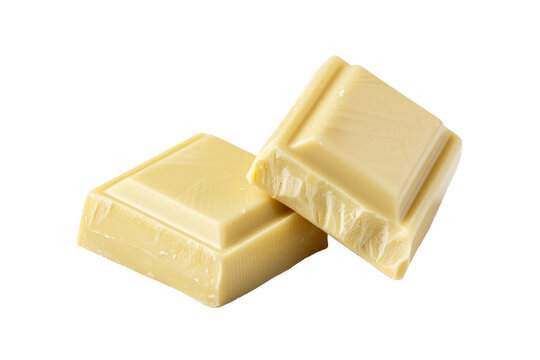 White chocolate bar isolated on background, sweet milk choc squares, Dessert confectionery menu.