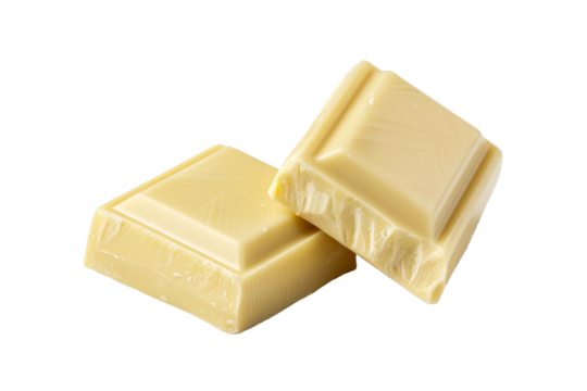 White chocolate bar isolated on background, sweet milk choc squares, Dessert confectionery menu.