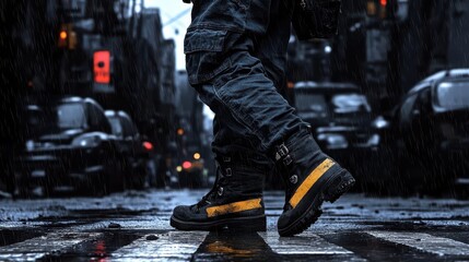 Urban Street Scene with Close-Up of Boots and Rainy Weather in Dark City Setting