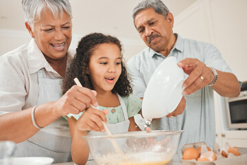 Learning, child and grandparents with baking in kitchen for helping, mixing and teaching cake recipe in home. Family, senior people and girl kid with flour ingredient for cooking education or support