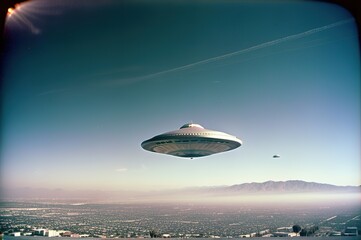Obraz premium ufo flying over the city, retro photo.