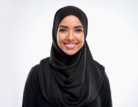 Portrait of a smiling Arab middle eastern woman in black hijab, isolated on white background