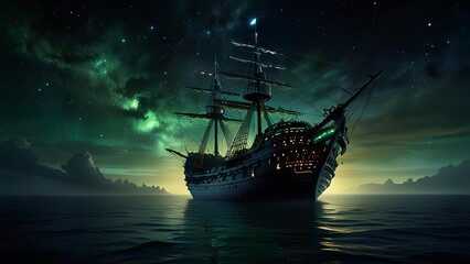 Fototapeta premium A dread-inducing cosmic caravel drifts through the endless void, its silhouette cutting through the infinite darkness like a specter of doom. This image is a breathtaking digital painting. 