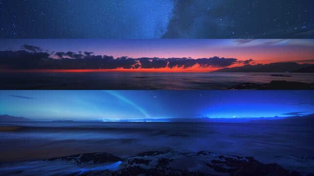 A series of still photos showing the progression of bioluminescence from dusk till dawn