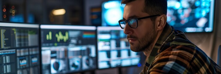Person keenly monitors multiple screens lined up, analyzing data in a sophisticated, technologically advanced environment with a cool ambiance.