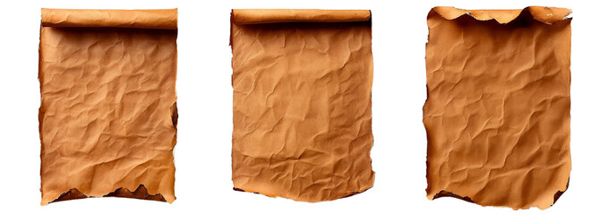 Old parchment texture with worn edges isolated on transparent background