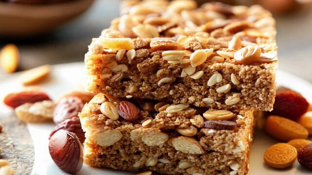 A stack of granola bars with almonds and walnuts on top of a white paper. The granola bars are piled on top of each other, and there are almonds and walnuts scattered around them