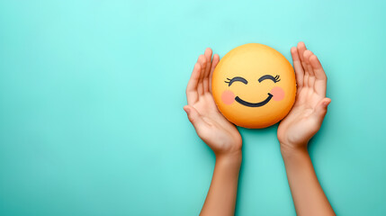 Children's hands holding positive smiley face isolated on light green background. Child health and protection concept.