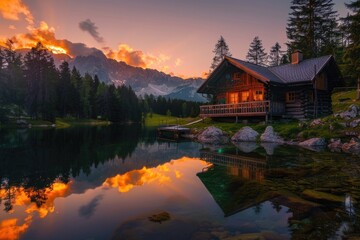 Fototapeta premium Tranquil Evening at a Mountain Cabin by a Serene Lake at Sunset for Nature and Travel Postcards