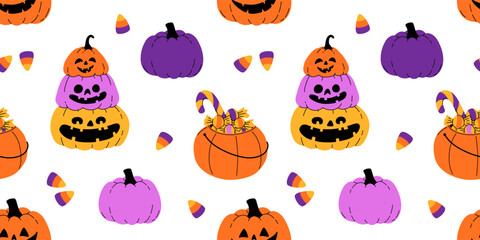 Fototapeta premium Purple, orange yellow and black seamless prints with Halloween decorative elements - ghost, pumpkin, sculls. Cute vector characters, decor objects - sweets, pumpkin, witch, ghost, bat. Pattern design