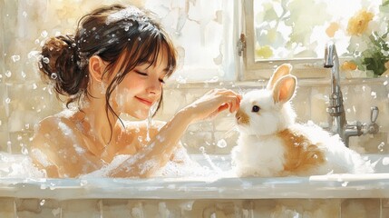 A serene moment of a woman enjoying a bath with a cute rabbit, creating a peaceful and charming atmosphere.