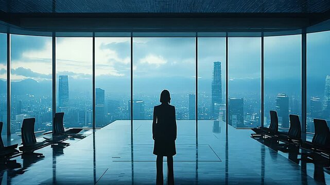A woman stands in front of a large window in a room with many chairs. The room is empty and the woman is the only person in it. Scene is quiet and contemplative
