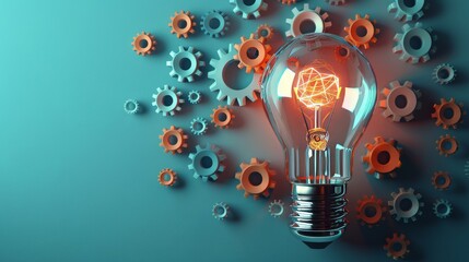 light bulb with arrow and settings icons on a soft blue background, copy space, place for text