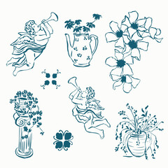 Vector linear doodle illustrations with Mediterranean decoration. Hand painted set isolated on white background. For design, print, interior or background.