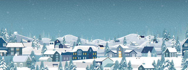 Christmas Background,Winter landscape village with snow at night,Xmas Seamless pattern Winter wonderland in town,Vector Holizon banner Cute New Year background with forest trees,house and park in city