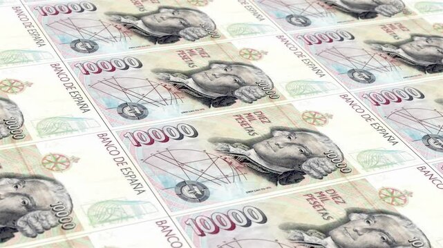 Spain Spanish Peseta 10000 Banknotes Money Printing House, Printing Ten Thousand Spanish Peseta, Printing Press Machine Print out Spanish Peseta, Being printed by currency press machine 10000 Spanish 