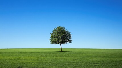Obraz premium A single tree in an expansive green field, set against a cloudless blue sky, representing peace and tranquility.