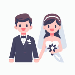 Marriage wedding couple set, cute newlywed bride and groom Flat illustration 