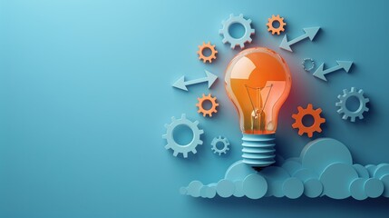 light bulb with arrow and settings icons on a soft blue background, copy space, place for text