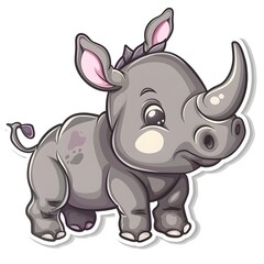 Fototapeta premium Cute Rhino Sticker on White Background, Adorable and Playful Design of a Smiling Rhinoceros with Soft Colors, Perfect for Animal-Themed Decoration and Wildlife Lovers