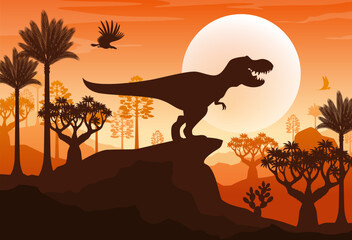 T rex silhouette on mountain sunset landscape. Jurassic forest nature vector background with tyrannosaurus dinosaur shadow. T rex, argentavis and dimorphodon dino animals, trees, mountains and sun © Vector Tradition