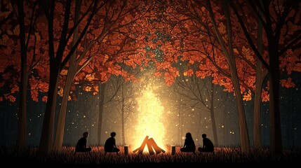 Digital illustration of an autumn bonfire night in a forest with people gathered