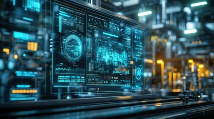 A futuristic digital interface displaying complex data visualizations in a high-tech environment, representing advanced technology and information analysis.