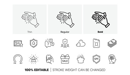 Omega, Clapping hands and Blood donation line icons. Pack of Stress, Question bubbles, Vip star icon. Music app, Security agency, Cooking hat pictogram. Care, Spf protection, Sale offer. Vector