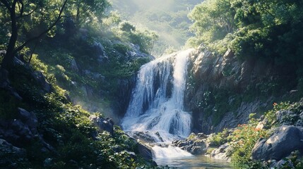 Deep in the heart of the forest, a waterfall cascades down a rocky cliff, its waters sparkling in the sunlight.