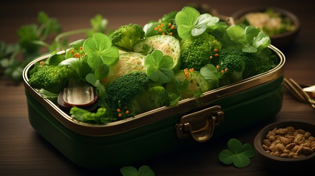  Uma caixa verde contendo br&oacute;colis e diversos vegetais